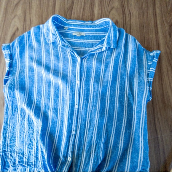 Jachs Girlfriend Blue & White Short Sleeve Button Up Blouse Tie Front Size L - Picture 8 of 9